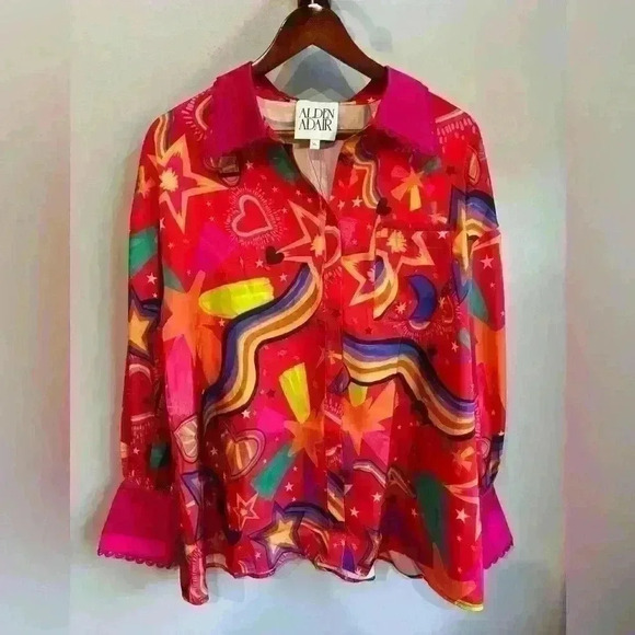 Alden Adair Oliver Top NWOT Star Gazing Bright Pink Button Down Blouse Size XL - Picture 1 of 8